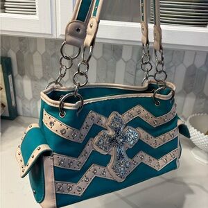 Y2K biker studded turquoise shoulder bag with Cross Design